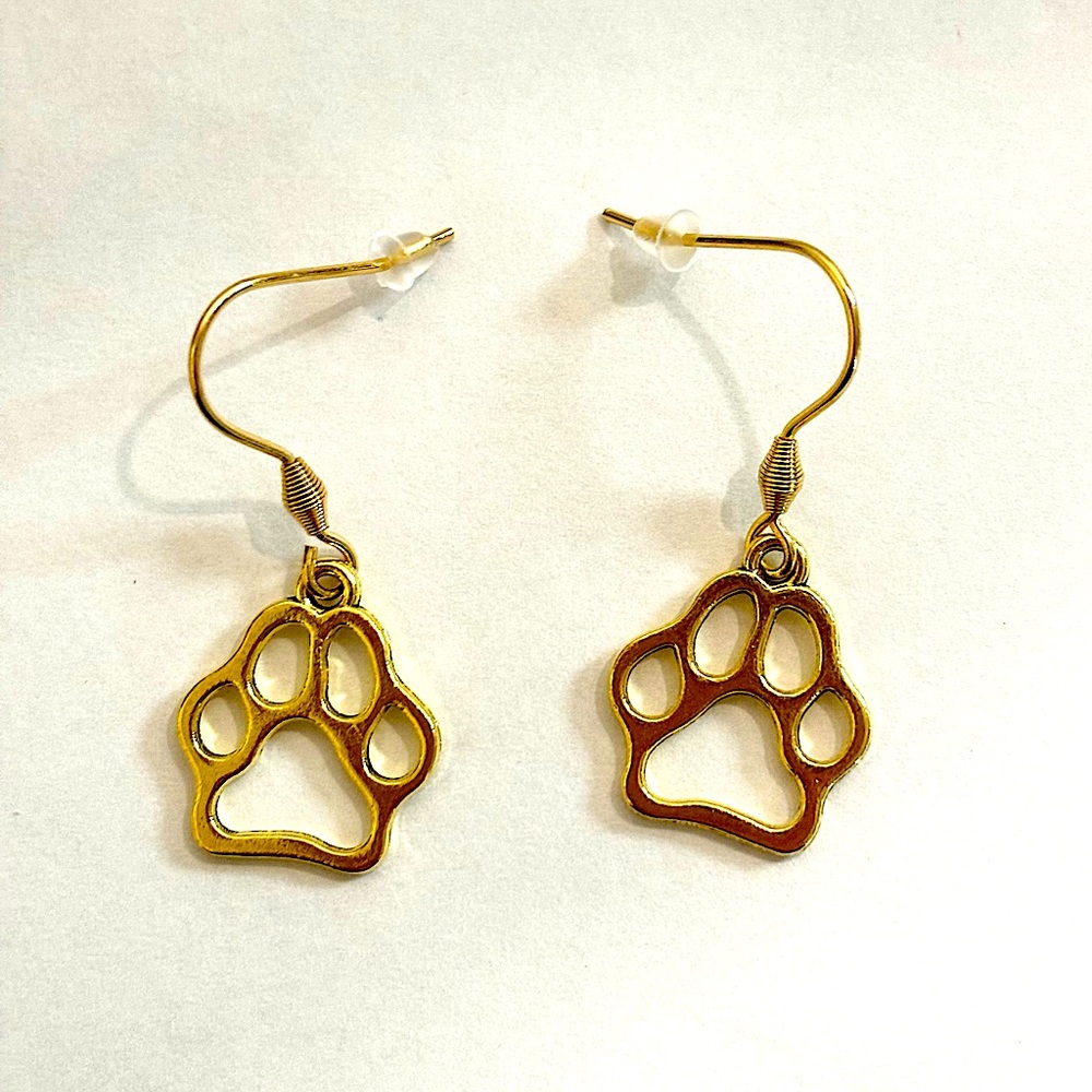 Dog paw gold plated hook dangle earrings neutral plain women’s pet puppy - Picture 4 of 4